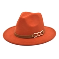 Detail of wide brim fedora hat featuring orange felt texture and gold chain buckle - M (56-58cm) / Caramel color