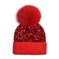 Winter red sequin knit beanie hat with fluffy pompom and plush trim for women - One Size / Red
