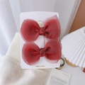 Pair of wine red mesh bow hair clips for girls displayed on a white handmade card - Wine Red Gauze Bow Pair