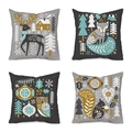 Detailed set of 4 Christmas pillow covers featuring reindeer, fox, owl and squirrel prints - 18x18 Inch / Christmas Set 09 / Set of 4 (Covers Only)