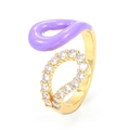 Golden open ring with purple enamel water drop and sparkling cubic zirconia stones - Purple