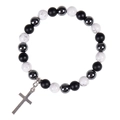 Bracciale di perle occhio di tigre e magnetiche nere con ciondolo a croce d'argento su bianco - Bracciale Turchese Bianco 8mm