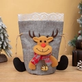 Christmas drawstring gift bag with plush reindeer, grey linen texture and lace trim - Grey Reindeer Style with Lace