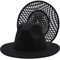 Cappello fedora nero classico in feltro di lana con fodera pied-de-poule per uomo e donna - M (56-58cm) / Nero Con Interno Pied de Poule (JXF-520-1)
