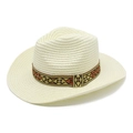 Ivory woven straw western cowboy hat with ethnic geometric band on white background - M(56-58cm) / Creamy White
