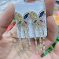Exaggerated colorful zircon butterfly drop earrings with long tassel in gold finish - Gold