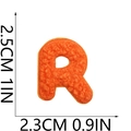 Detailed size view of orange chenille letter R patch with dimensions in cm and inches - Letter-R