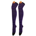 Detail of Halloween over-knee socks with purple and black stripes and pumpkin smile - Purple and Black Stripes (Pumpkin Decor)