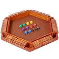 Hexagonal six-player wooden Shut the Box game with 1-10 flip numbers and 12 colorful dice - 6-Sided Coffee Brown Shut The Box (White Box)