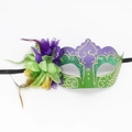 Detail of masquerade mask featuring purple green gradients and side floral feather accents - Style 8
