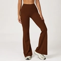 Women's high waisted coffee brown flared yoga pants in a slimming brushed stretch fabric - S / Caramel Brown