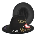 Black wool fedora with gold graffiti love script and red lip art on wide brim - M (56-58cm) / Red Lips Love Graffiti Style (2#) / 2#