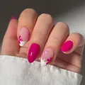 Glossy oval press-on nails featuring rose pink solid color and floral French design - Bz1471 Peach And Plum Blossoms In Full Bloom / Glue Type
