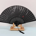 Japanese style black silk folding fan with silver willow pattern and black tassel - Black Willow and Vortex Pattern (Pattern 59)