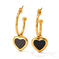 Gold-plated hoop earrings with black heart charms in a French vintage style - Gold Black Style (KDE934)