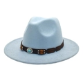 Detail of light blue wool fedora with brown leather band and turquoise bead accent - M (56-58cm) / Sky Blue