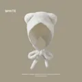 Cute white plush bear ear beanie with neck protection and cozy fleece strings - Bear Ear Plush Hat (White/With Tie) / White