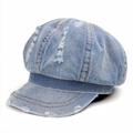 Detail of distressed washed denim newsboy cap with vintage ripped texture and frayed edges - M(56-58cm) / Medium Blue & White
