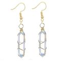 Detail of handmade wire-wrapped hexagonal opal crystal drop earrings with gold hooks - Wire Wrapped Hexagonal Prism Earrings / Gold Opalite Earrings