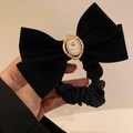 French vintage black velvet bow scrunchie with pearl rose metal accent detail - White Rose Hair Tie