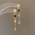 Elegant gold drop earrings with reddish-brown zircons and sparkling glass crystals - 60# Silver Needle-Golden Red Long Drop (HE24811)