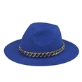 Detail of dark blue fedora hat featuring a chunky gold metal chain on woven straw - Adult 57-60cm / Sapphire Blue