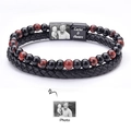 Detail of double-layer leather and map stone bead bracelet with magnetic photo charm - Style 4 (Custom Photo)