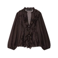 Brown long sleeve pleated blouse with ruffled V-neck and silky texture on white background - XS / Coffee