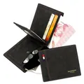 Cartera corta clásica para hombre en negro esmerilado con costuras naranjas en contraste - Versión con Bolsillo para Monedas / Negro