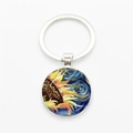 Silver round Van Gogh Sunflowers glass gemstone keychain with impressionist art design - Silver-Mixed Sunflowers Starry Night