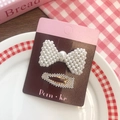 Cute white pearl bow hair clip set for girls on a brown display card with elegant design - 2 Pcs/Set / White with Bowknot