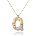 Detailed close-up of a two-tone letter Q pendant with gold hammered texture on box chain - Letter Q