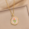 Collana tulipano dorata con ciondolo ovale in smalto rosa stile vintage giardino di Monet - Tulipano Ovale - Rosa (A12 Rosa)