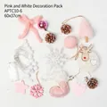 Pink and white Christmas tree DIY accessory kit with pine cones and LED lights - Pink & White Decor Accessories Bag 60cm
