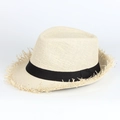 Eleganter cremefarbener Strohhut mit Fransenkante und schwarzem Band für den Strand - Verstellbar (58cm) / Beige