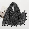 Detailed view of black and white paisley printed scarf with hand-knotted fringe edges - Black and White Paisley Patchwork Style (XB959-01)