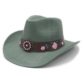 Detail of sage green straw cowboy hat with embroidered floral leather band and bead - Water Lily Green