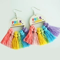 Detail van regenboog kwastjes oorbellen met houten PRE-K potlood bedels - Peuterschool