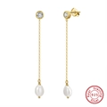 S925 Sterling Silber Ohrringe mit langen Ketten, natürlichen Perlen und 4A Zirkonia Steinen - 14K Gold / Gold