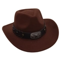 Detail of western cowboy hat with leather band and embossed bull head metal buckle - One Size / Coffee