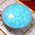 Blue steel tongue drum with lotus pattern, numerical scales and grey woven rope trim - 13 Inch 15 Notes - Sky Blue - Maple Leaf