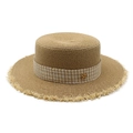 Platte raffia strohoed met geruite lint en gouden M metalen gesp voor dames - M (56-58cm) / Khaki