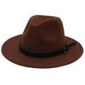 Macro detail of brown felt fedora hat featuring a slim black leather belt with metal buckle - Coffee