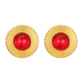 Pendientes redondos retro de acero inoxidable bañados en oro 18K con piedras rojas - Incrustación de piedra preciosa roja redonda / Dorado