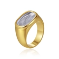 Polished 18K gold plated stainless steel ring with a grey textured inlay, 45-degree angle - US 7 / Grey Ripple Neutral Style (D005) / Gold
