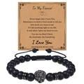 Detail of matte black stone bead bracelet with metal lion head charm and gift message card - To My Fiancé