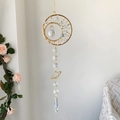 Handmade crescent moon suncatcher with blue crystal chips and faceted glass prism - Aquamarine