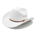 Detail of white felt cowboy hat with brown leather band and gold buckle on white background - M (56-58cm) / White