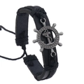 Retro black braided leather bracelet featuring silver ship wheel and anchor charms - Black