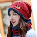 Winter knit hat and neck warmer set in burgundy and navy blue with thick fleece lining - Single Hat / Single Beanie - Red